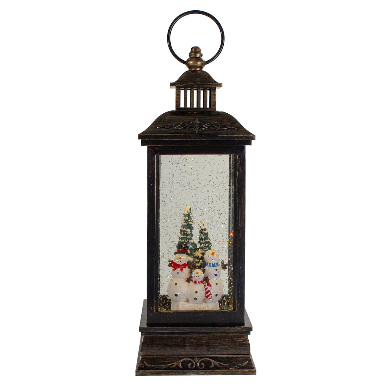 11" Black with Brushed Gold LED Snowman Family Christmas Lantern Snow Globe
